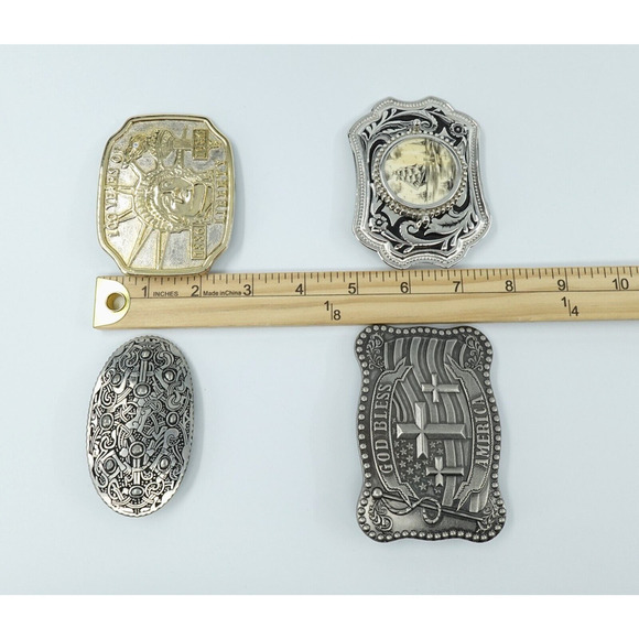 VTG 4 Belt Buckle St Justin Celtic Liberty Statue Sailing Ship God Bless America - Picture 16 of 16